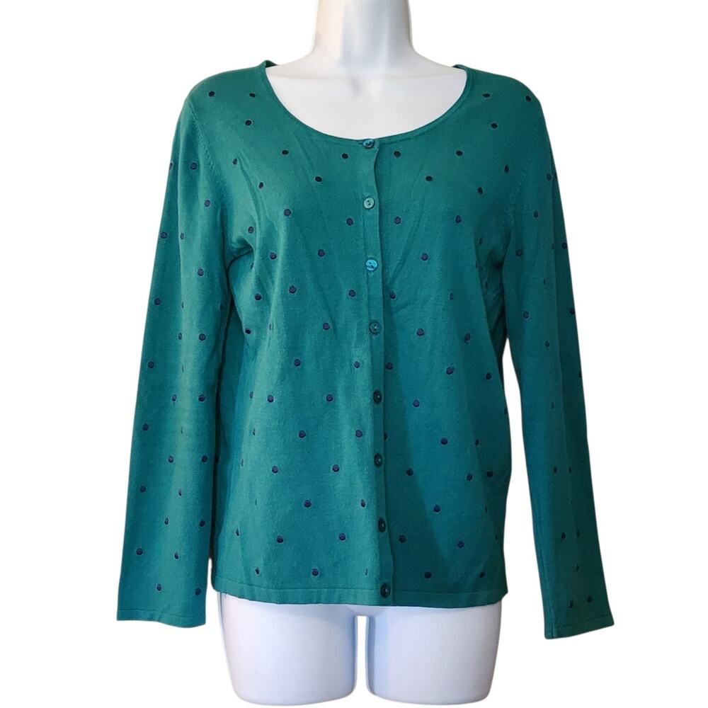 Dressbarn Womens Cardigan Sweater Size S Teal Polka Dot Button Down Long Sleeve
